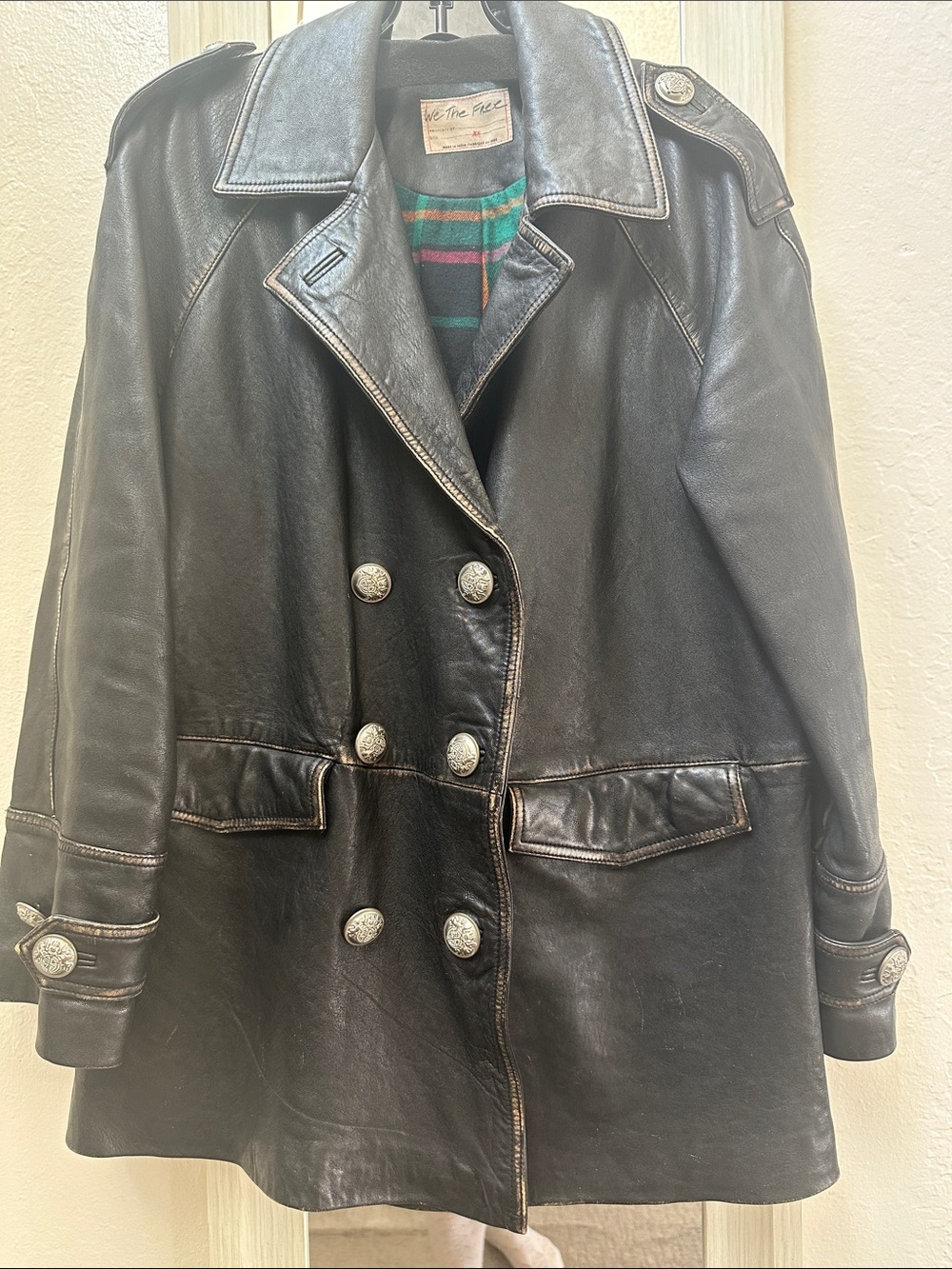 We The Free Black Leather Jacket with Green & Red Plaid Lining